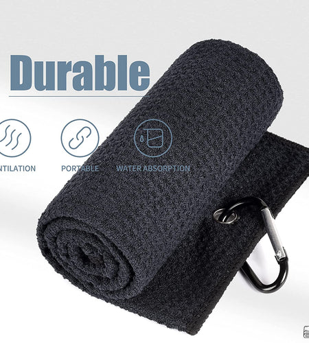 Microfiber Waffle Pattern Tri-Fold Golf Towel | Brush Tool Kit with Club Groove Cleaner, Retractable Extension Cord and Clip