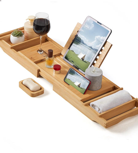 Bamboo Bathtub Caddy Tray - Expandable to 41 Inches with Book Stand, Soap Holder & Anti-Slip Pads for Luxury Bath Spa, Natural