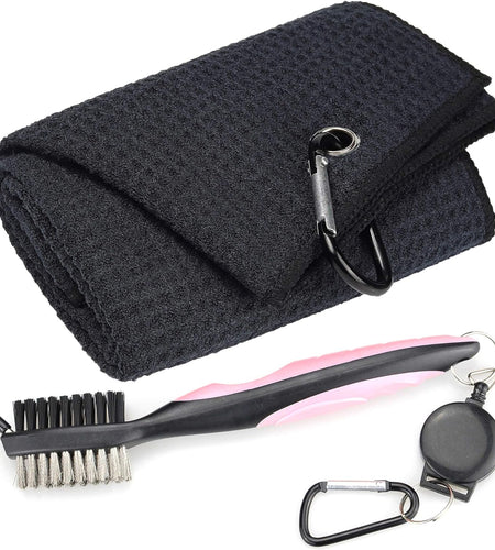Microfiber Waffle Pattern Tri-Fold Golf Towel | Brush Tool Kit with Club Groove Cleaner, Retractable Extension Cord and Clip