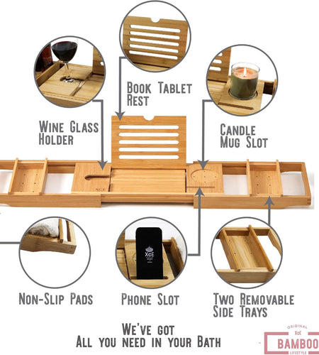 Bamboo Bathtub Caddy Tray - Expandable to 41 Inches with Book Stand, Soap Holder & Anti-Slip Pads for Luxury Bath Spa, Natural