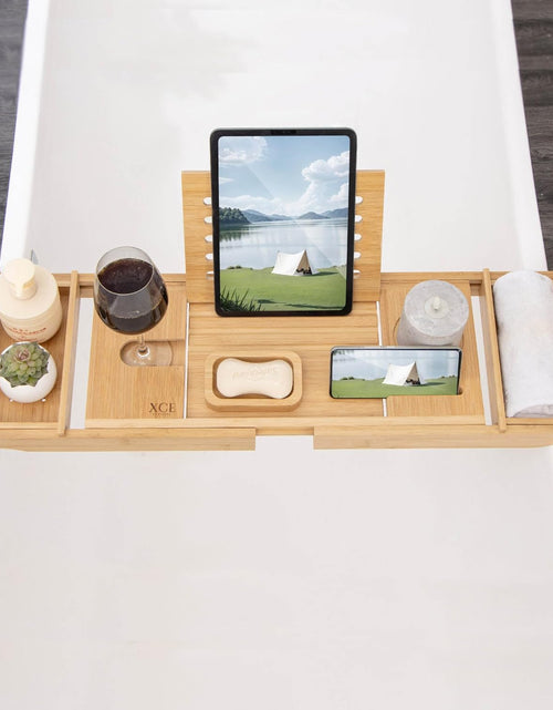 Load image into Gallery viewer, Bamboo Bathtub Caddy Tray - Expandable to 41 Inches with Book Stand, Soap Holder &amp; Anti-Slip Pads for Luxury Bath Spa, Natural
