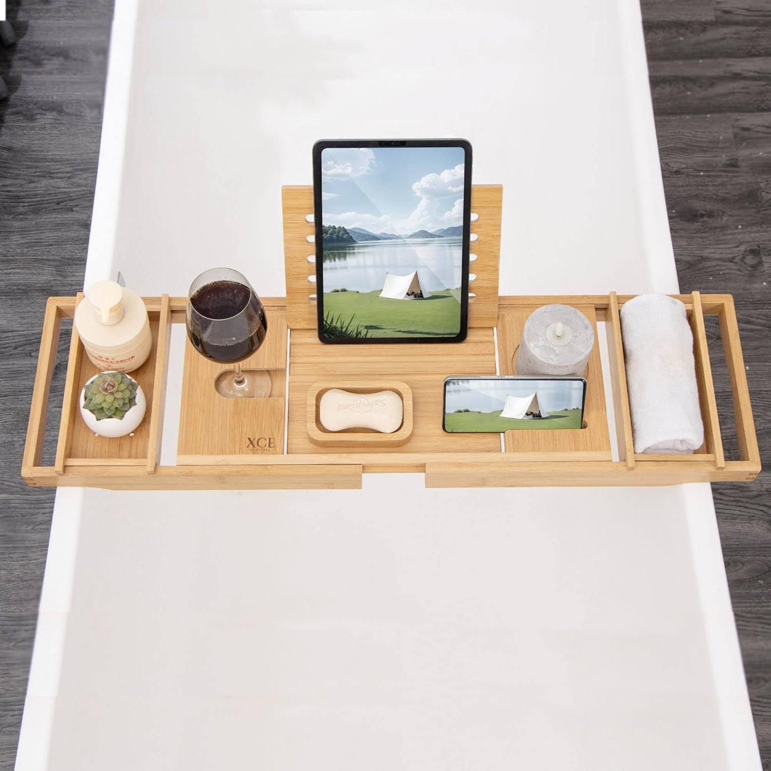 Bamboo Bathtub Caddy Tray - Expandable to 41 Inches with Book Stand, Soap Holder & Anti-Slip Pads for Luxury Bath Spa, Natural