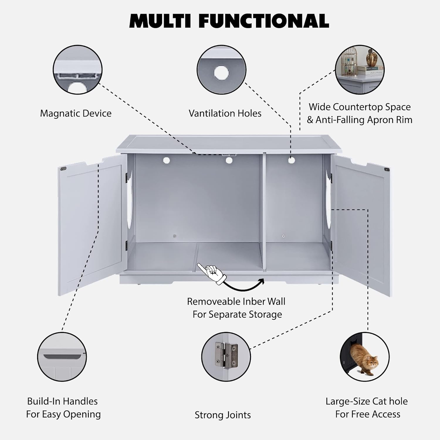 X-Large Designer Cat Washroom Storage Bench Cat Litter Box Enclosure Furniture Box House with Table, Big Enough for Automatic Litter Box or Two Litter Boxes.