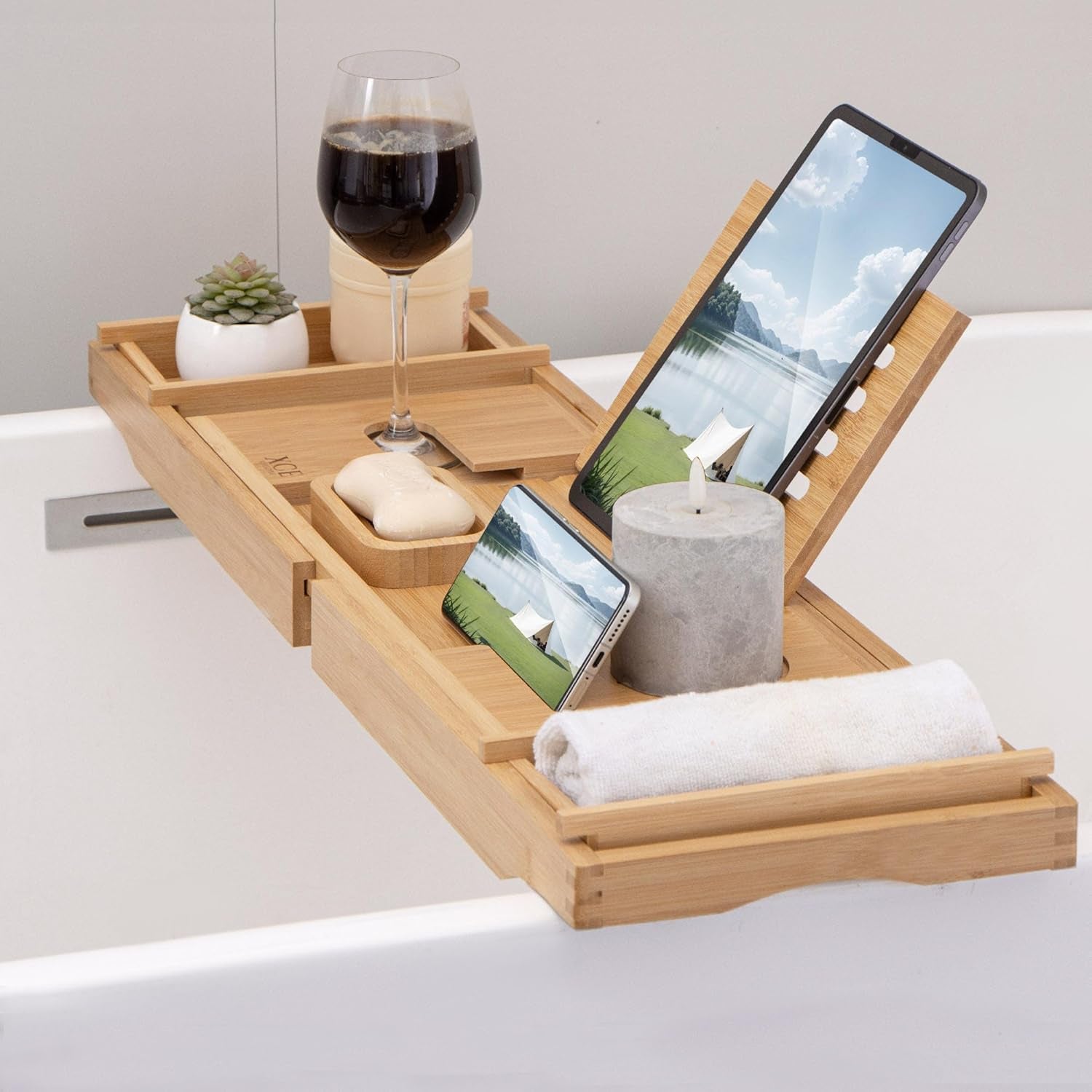 Bamboo Bathtub Caddy Tray - Expandable to 41 Inches with Book Stand, Soap Holder & Anti-Slip Pads for Luxury Bath Spa, Natural