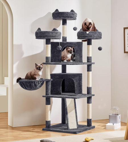 68.5In Multi-Level Large Cat Condo with Sisal-Covered Platforms Scratching Board & Scratching Posts, Cozy Perches, Stable Cat Tower/Tree Pet Play House, Dark Gray